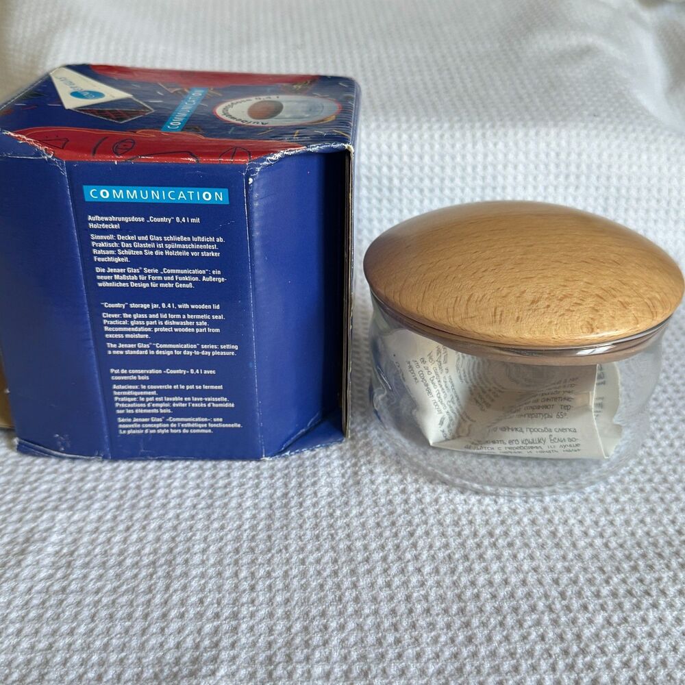 VTG Jenaer Glas Communication Country 0.4L Glass Storage Jar Wood Lid Germany